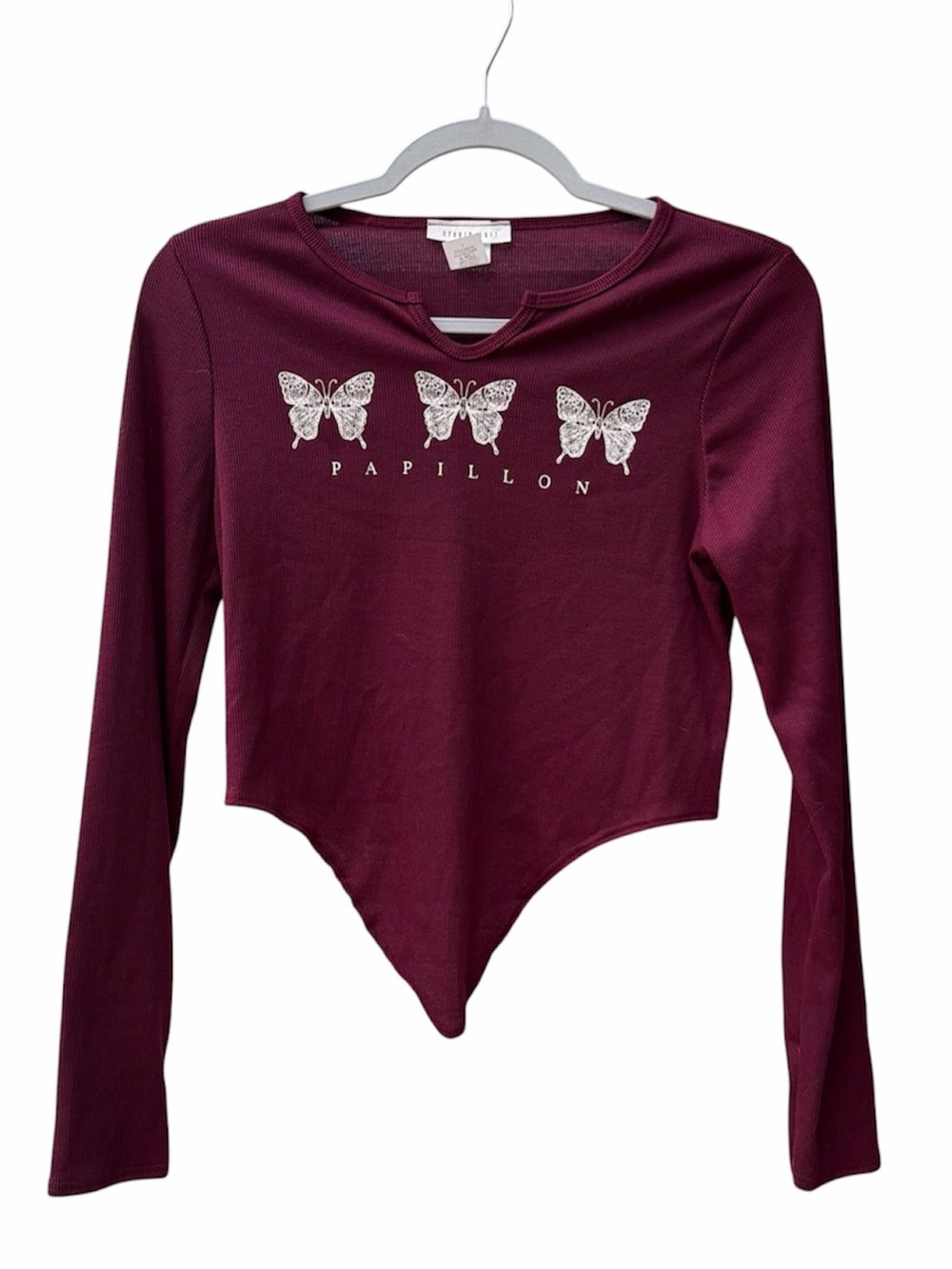 Studio 1011 Burgundy Butterfly Papillon Graphic Long Sleeve Top Women Size L